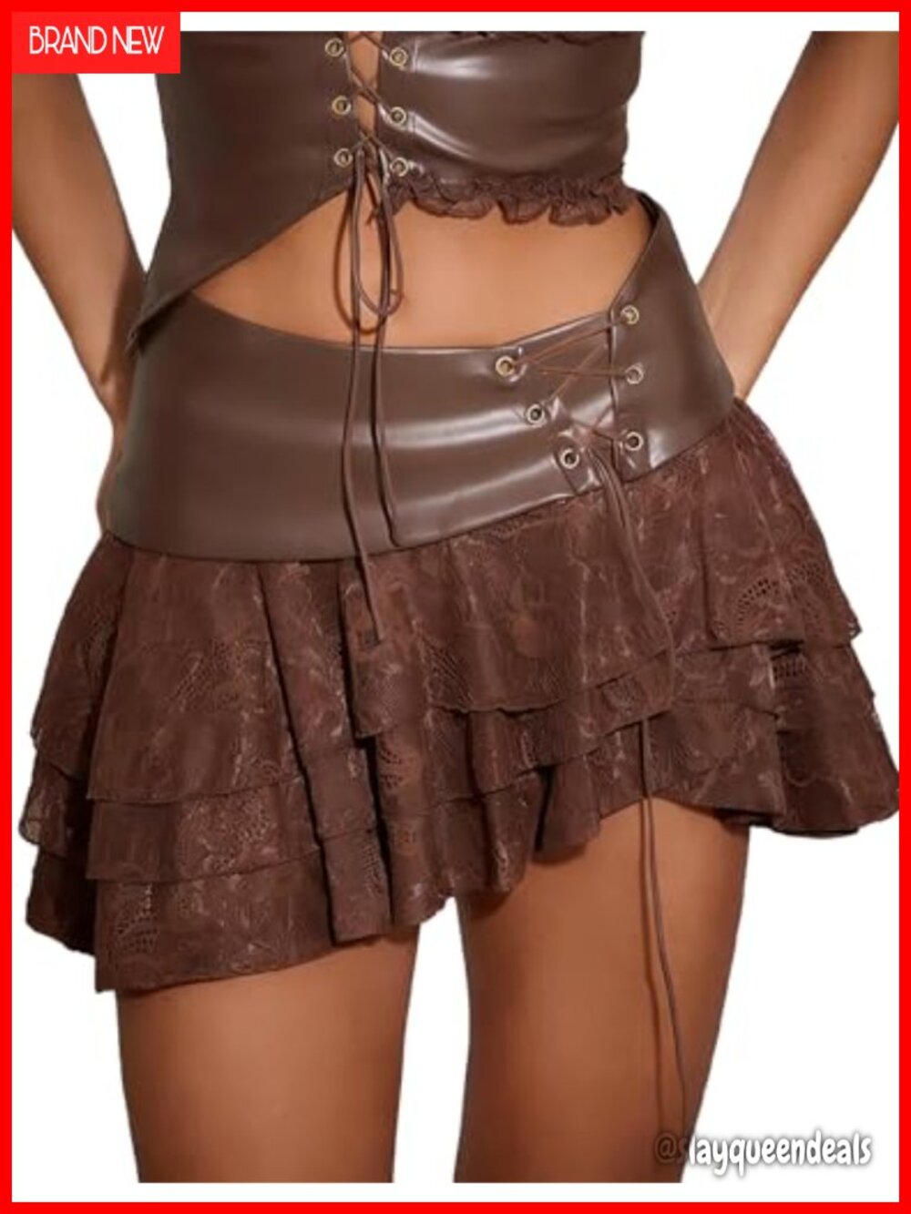 Faux Leather Layered Mini Skirt Y2K Lace Up Drawstring Rave Concert